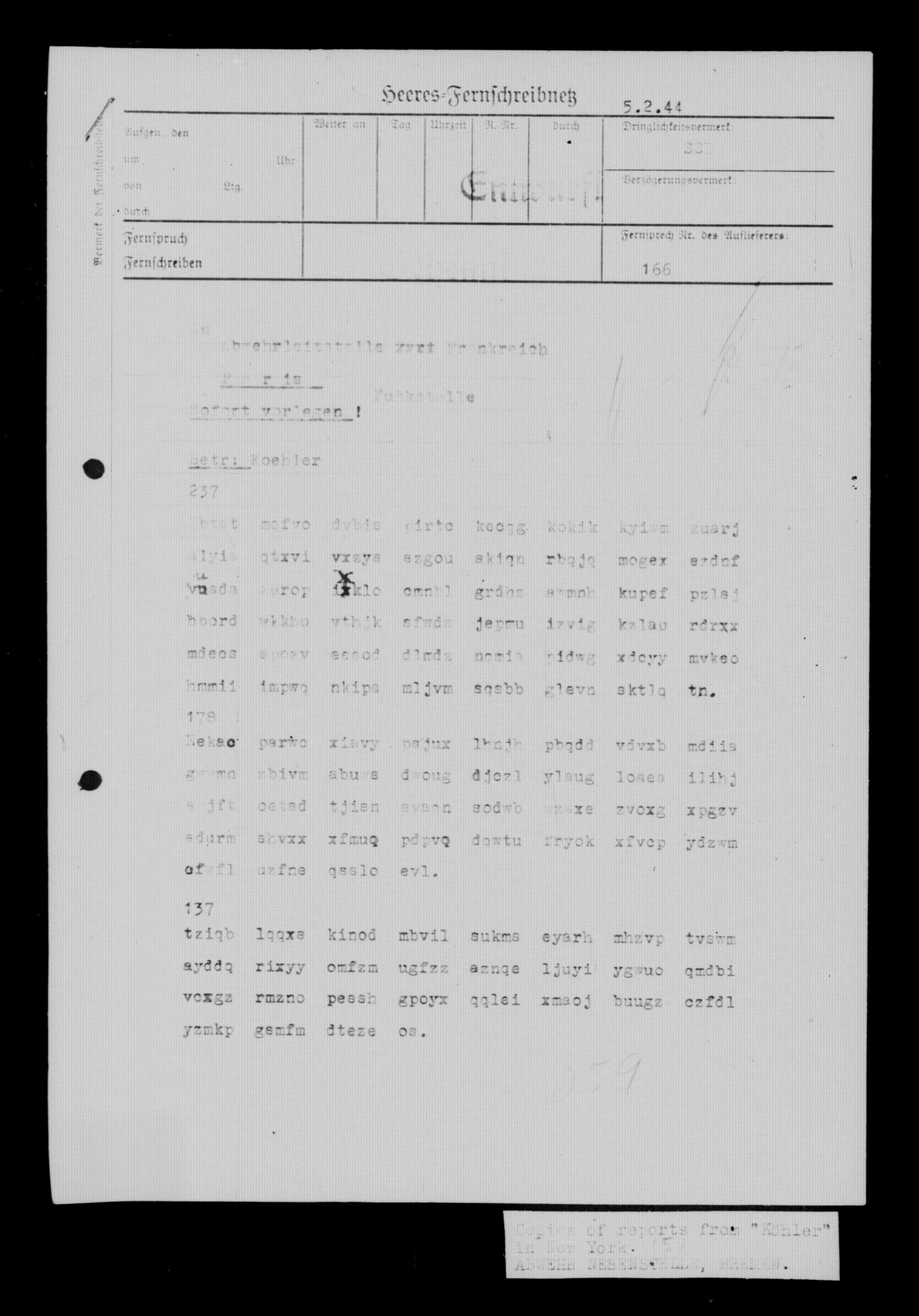 The first surviving sheet, dated 5 February 1944, containing Messages 1, 2 and 3.